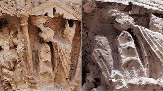 Antes y después del ataque al capitel de la Catedral de Valencia La Catedral de Valencia denuncia un ataque vandálico a su puerta románica: destruyen un capitel