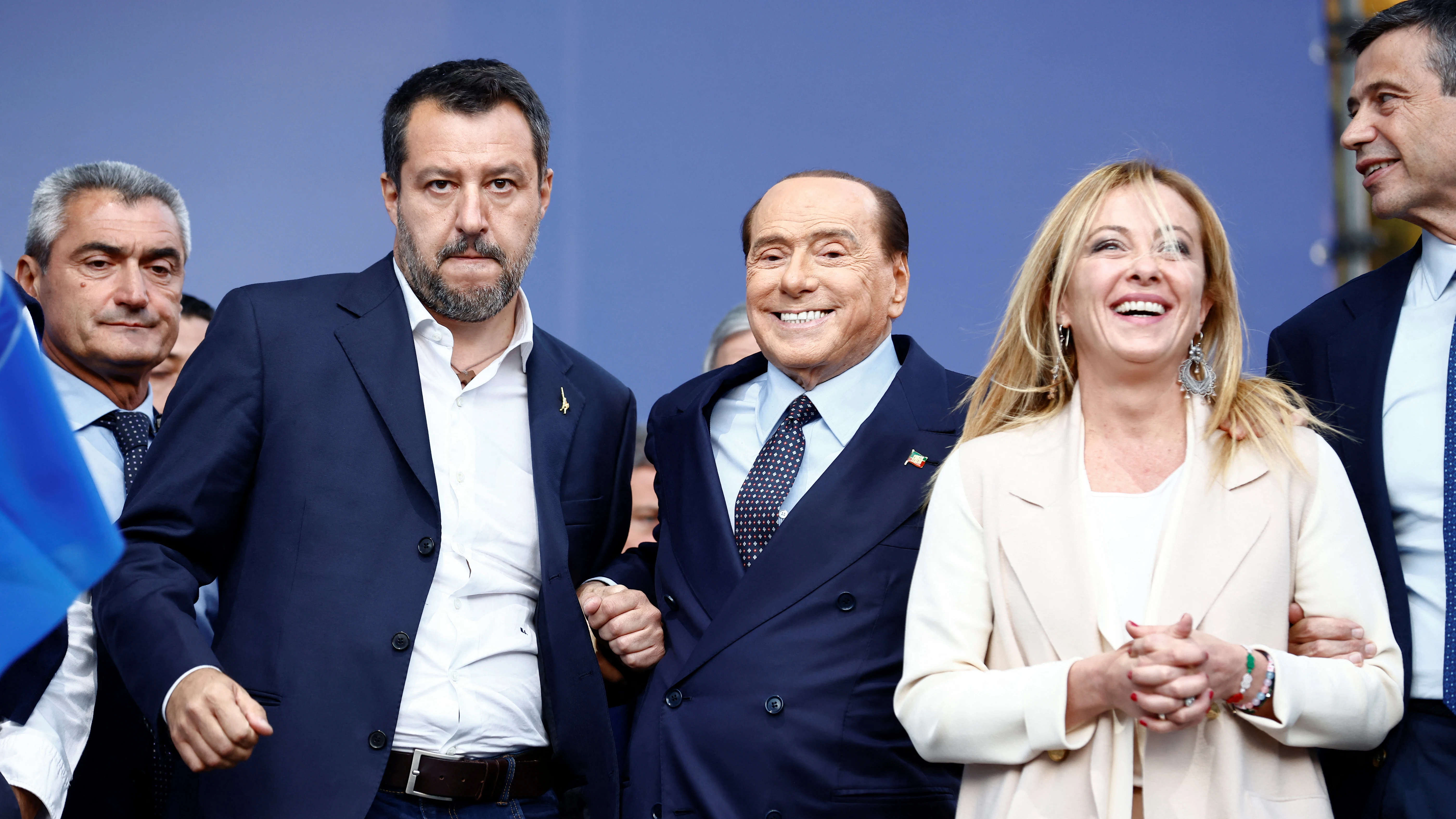 Matteo Salvini, Silvio Berlusconi y Giorgia Meloni, durante un acto de campaña