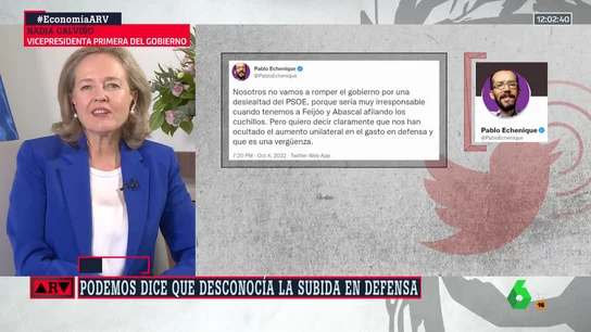 Calviño defiende el aumento del gasto en Defensa que sí conocía UP: "Es la decisión correcta en este momento" Calviño defiende el aumento del gasto en Defensa que sí conocía UP: "Es la decisión correcta en este momento"