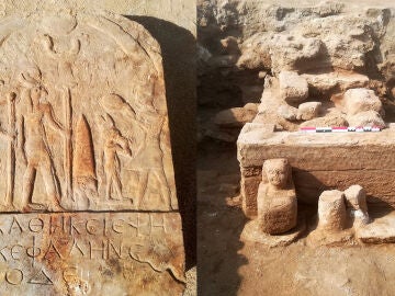 Estela con inscripción y pedestal con estatua cúbica del yacimiento