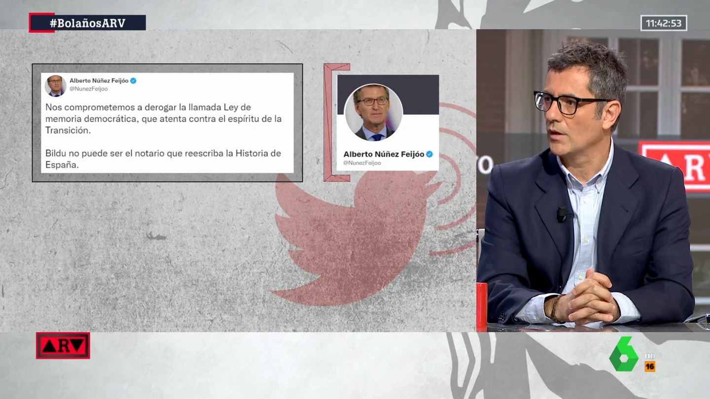 Bolaños "reta" a Feijóo, que quiere derogar la Ley de Memoria: "Que se reúna con las víctimas y se lo diga a los ojos" Bolaños "reta" a Feijóo, que quiere derogar la Ley de Memoria: "Que se reúna con las víctimas y se lo diga a los ojos"