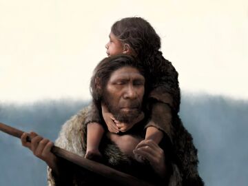 Ilustración de una familia neandertal