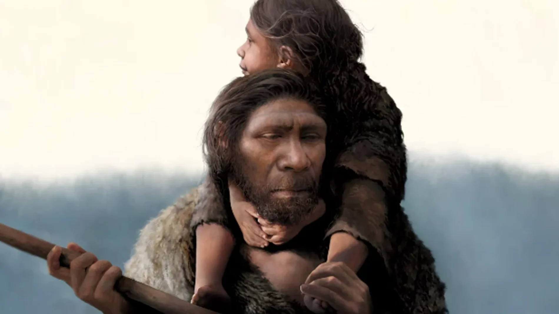 Ilustración de una familia neandertal