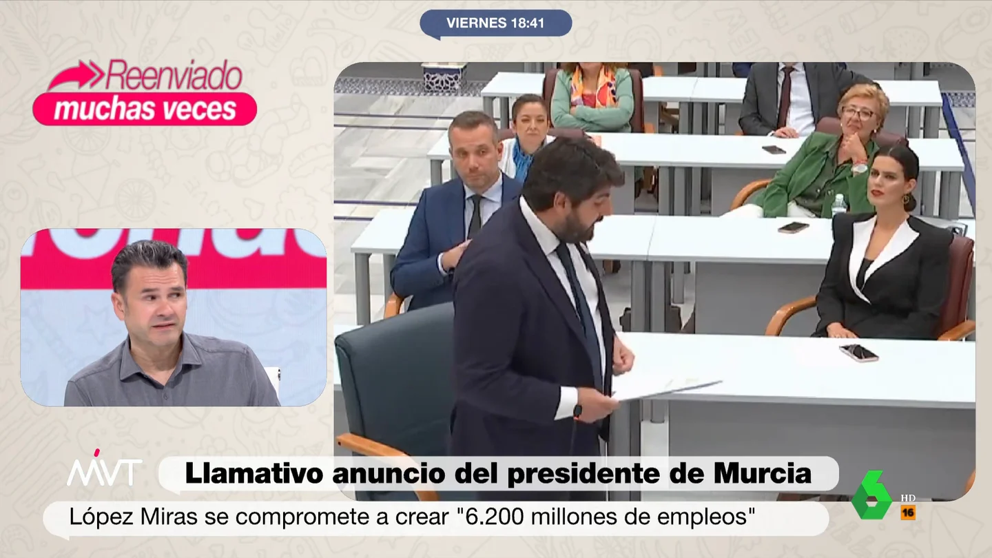 Iñaki López responde a la promesa de López Miras de crear "6.200 millones de empleos": "Parece de Bilbao, salen a 4.000 empleos por murciano" Iñaki López responde a la promesa de López Miras de crear "6.200 millones de empleos": "Parece de Bilbao, salen a 4.000 empleos por murciano"