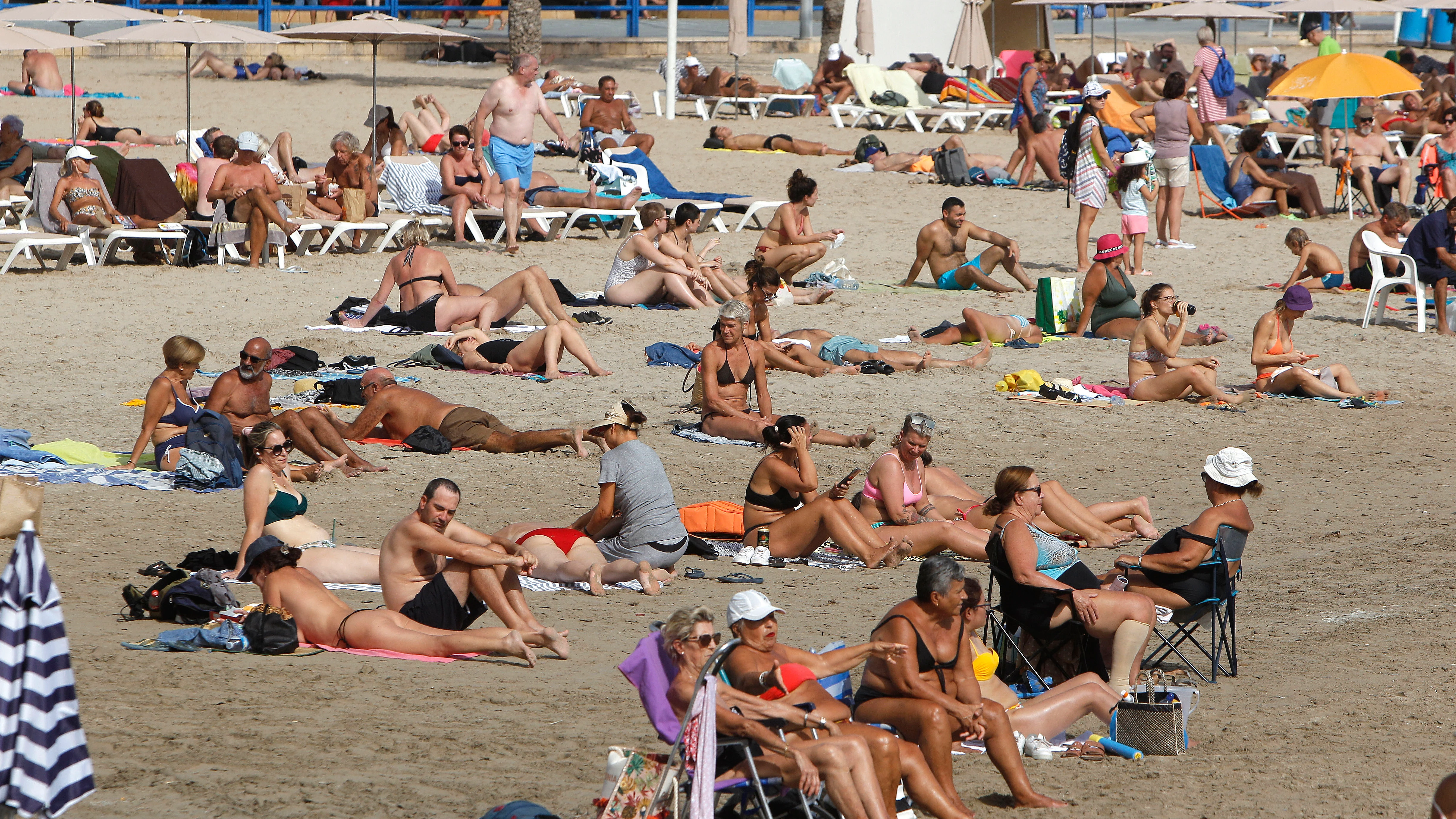 Cientos de personas toman el sol y se bañan en la playa del Postiguet de Alicante con temperaturas cercanas a los 30 grados, hoy, 24 de Octubre , Día internacional contra el Cambio Climático.