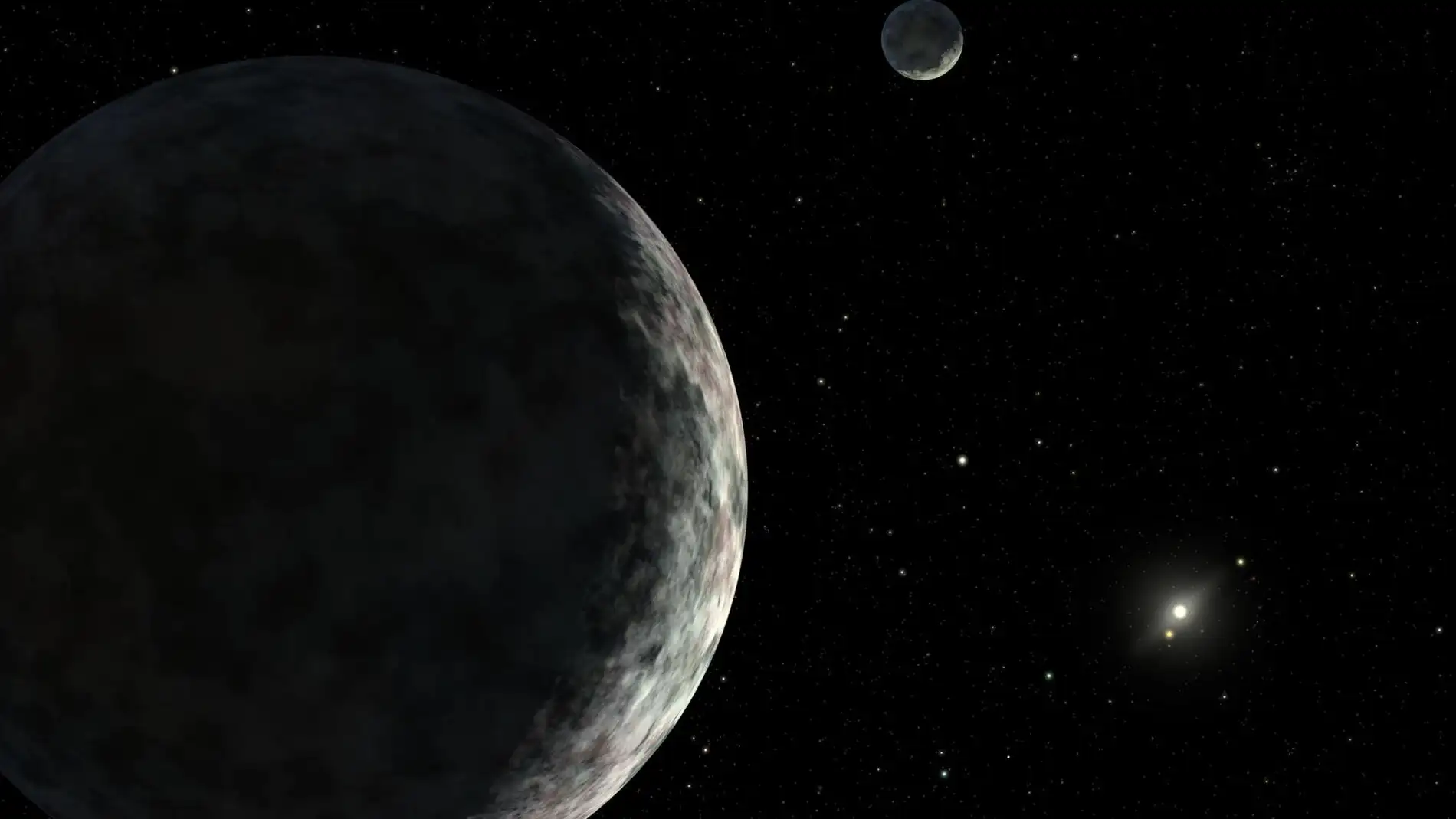 Representación del planeta enano Eris y su luna Dysnomia. Al fondo se situaría el Sol