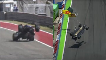 Los coches de Fernando Alonso y Mark Webber, volando por los aires