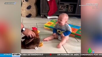 Un bebé se parte de la risa con una gallina de peluche: el vídeo que te va a alegrar el día