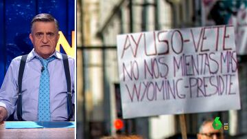 Así reacciona Wyoming cuando ve una pancarta con 'Ayuso vete, Wyoming presidente' en la manifestación de sanitarios
