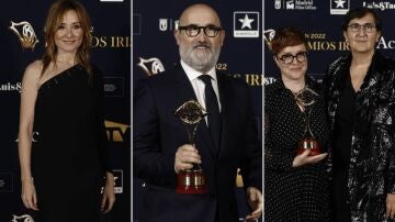Nathalie Poza ('La Unidad'), Javier Cámara ('Rapa'), Laura Sarmiento y Verónica Fernández ('Intimidad'), en los Premios Iris.