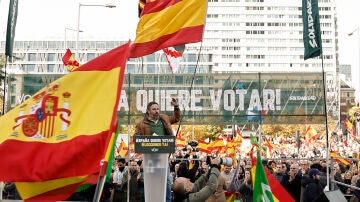 Santiago Abascal  interviene en la concentración convocada por Vox en la Plaza de Colón de Madrid