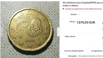 La peculiar moneda de 20 céntimos que puede venderse por 1.500 euros.