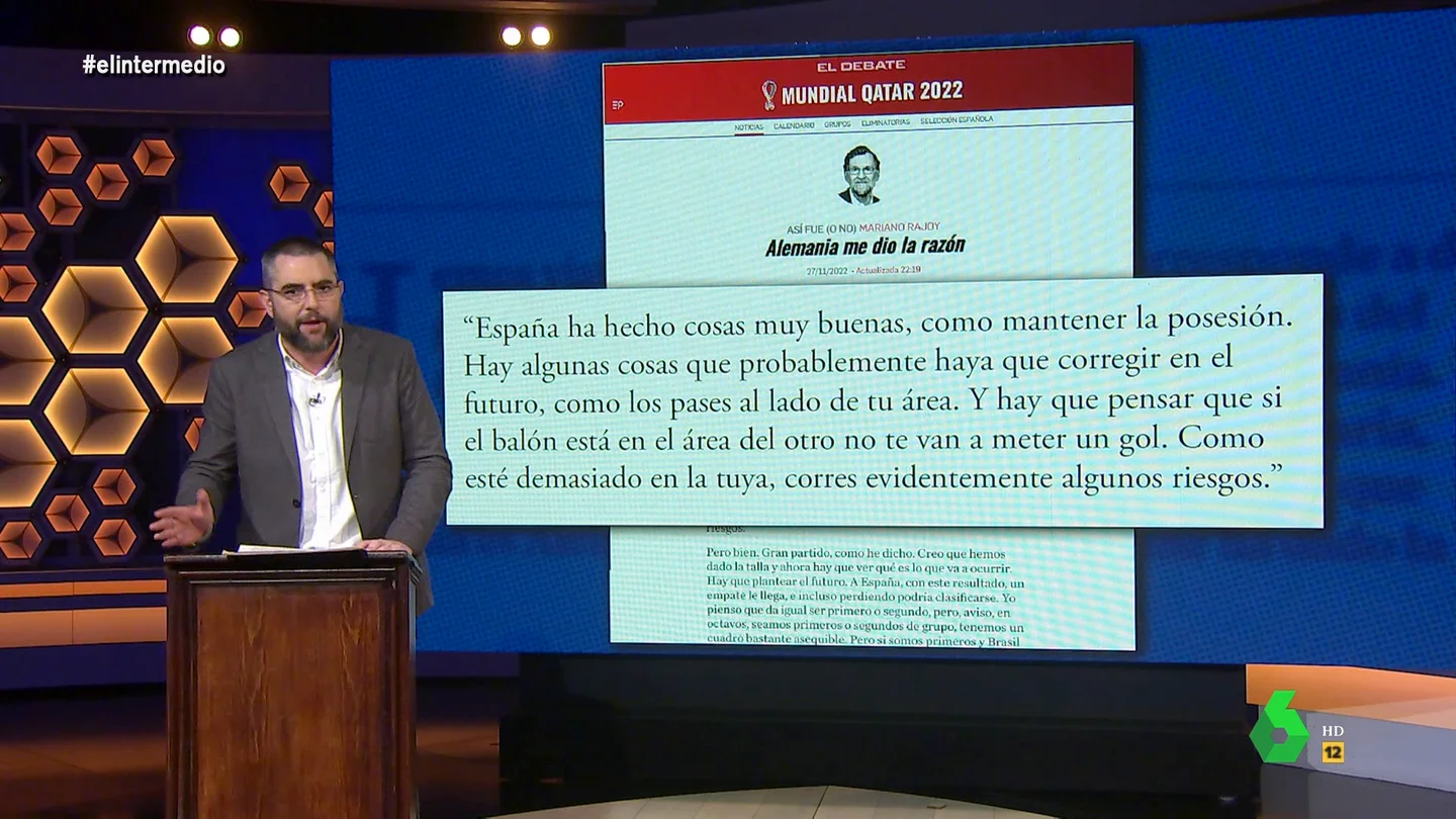 Dani Mateo analiza las crónicas de Rajoy sobre España en el Munidal de Qatar: "Escribe igual que anda, rápido" Dani Mateo analiza las crónicas de Rajoy sobre España en el Munidal de Qatar: "Escribe igual que anda, rápido"