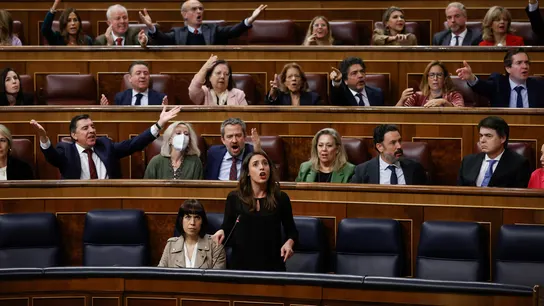 Los diputados de la bancada del PP protestan durante la intervención de la ministra de Igualdad, Irene Montero Los diputados de la bancada del PP protestan durante la intervención de la ministra de Igualdad, Irene Montero