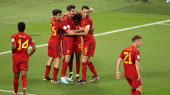 Alejandro Balde, Pedri, Álvaro Morata, Nico Williams, Sergio Busquets y Dani Olmo Alejandro Balde, Pedri, Álvaro Morata, Nico Williams, Sergio Busquets y Dani Olmo