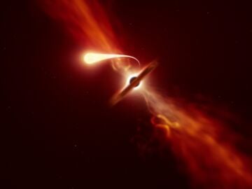 Estrella espaguetizada y siendo devorada por un agujero negro