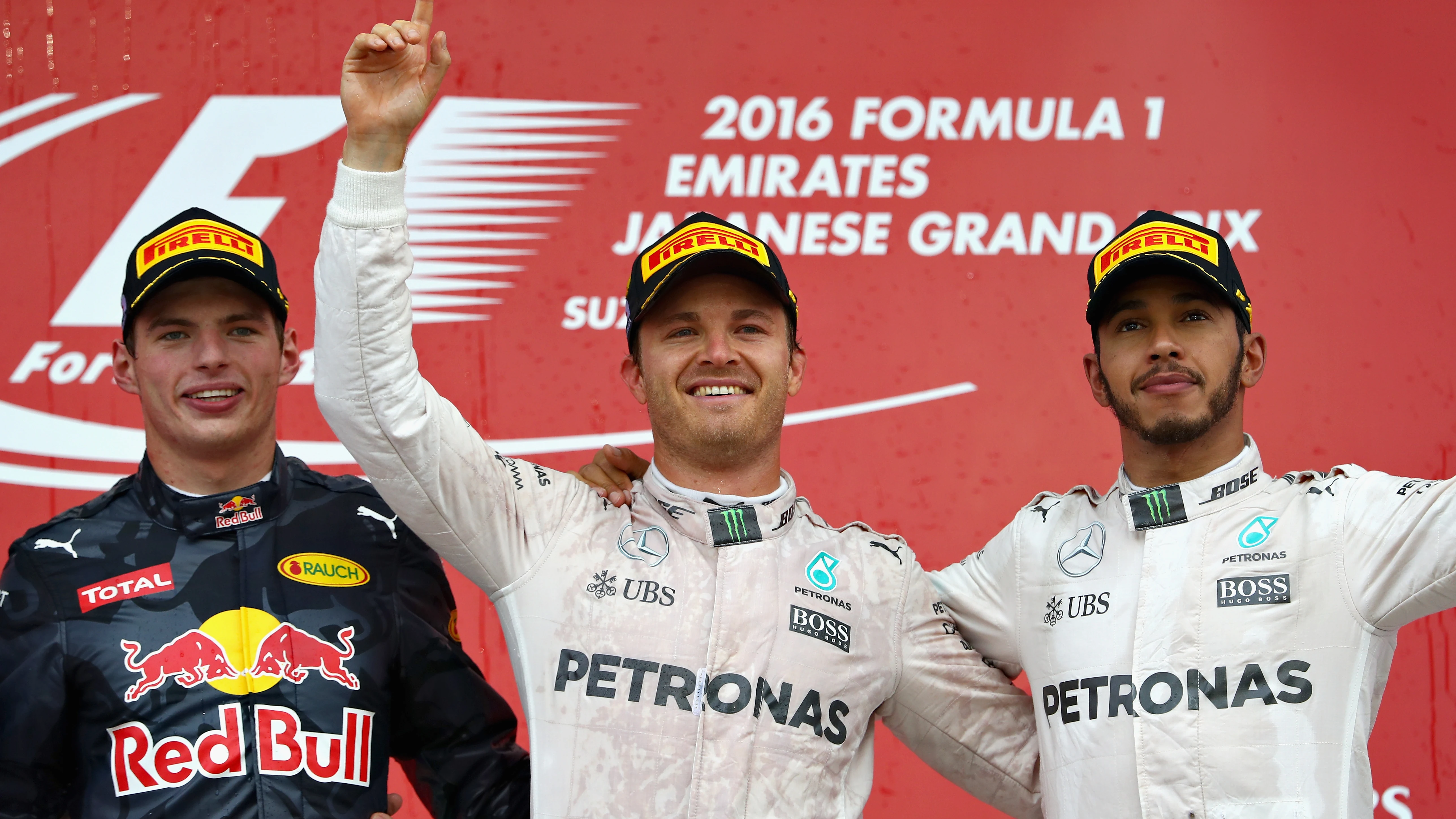 Max Verstappen, Nico Rosberg y Lewis Hamilton