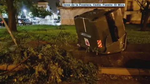 Un tornado derrumba cornisas y destroza el mobiliario público en Jerez de la Frontera