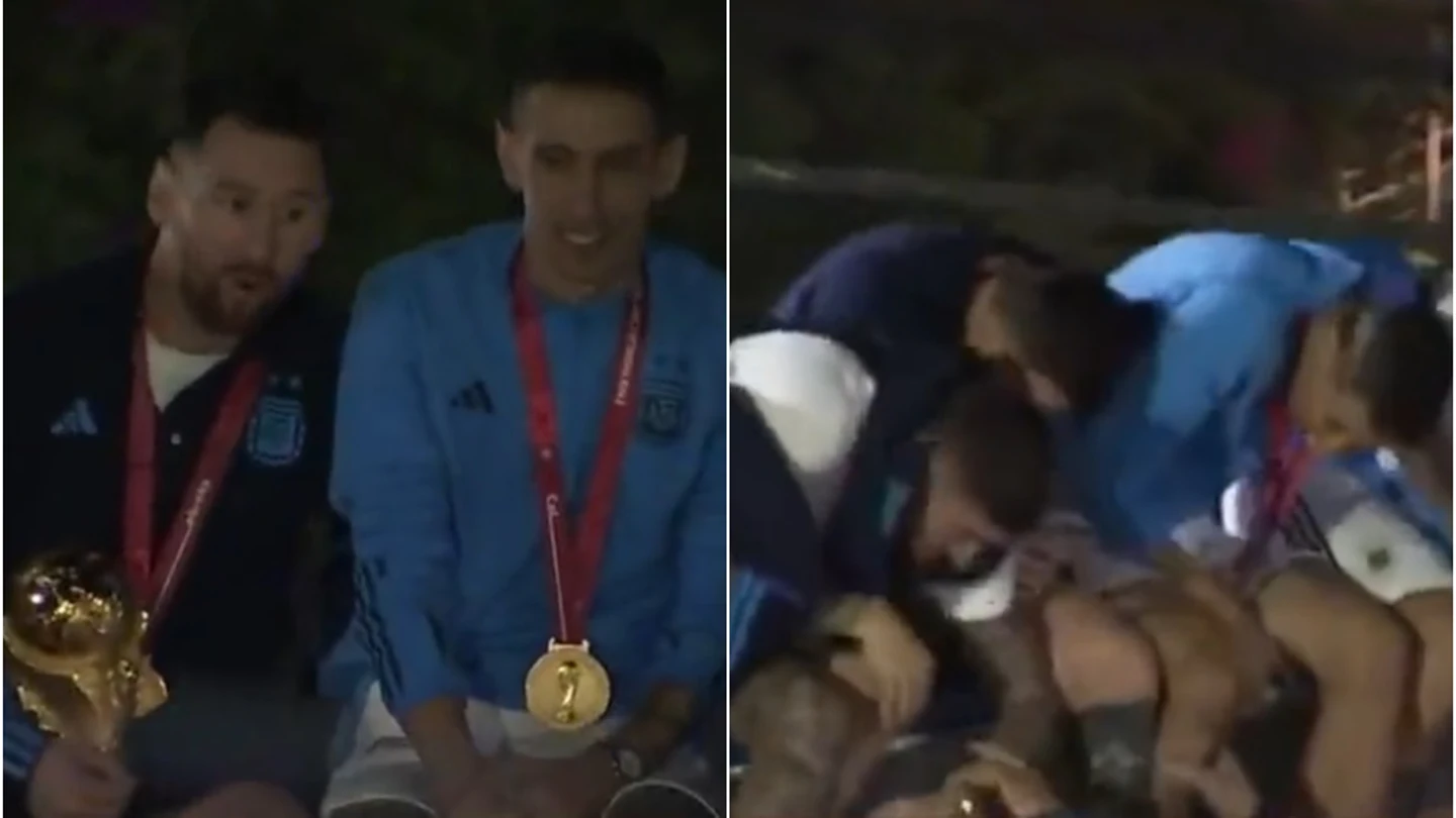 Messi, Di María, De Paul, Paredes y Otamendi casi se caen del autobús Messi, Di María, De Paul, Paredes y Otamendi casi se caen del autobús