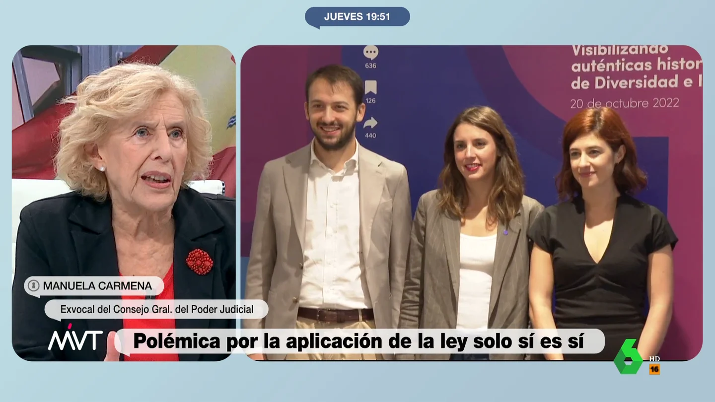 Dardo de Manuela Carmena a Montero tras la ley del 'solo sí es sí': "Es grave confrontar con los jueces" Dardo de Manuela Carmena a Montero tras la ley del 'solo sí es sí': "Es grave confrontar con los jueces"