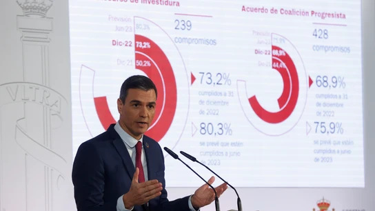 Pedro Sánchez, durante su balance de compromisos Pedro Sánchez, durante su balance de compromisos