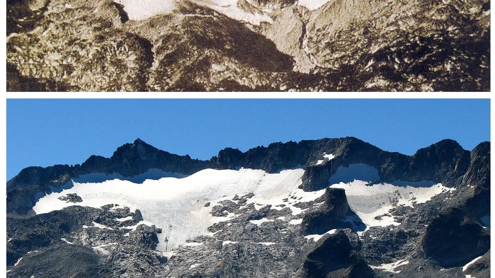 Retroceso del glaciar de La Maladeta, situado en el municipio de Benasque