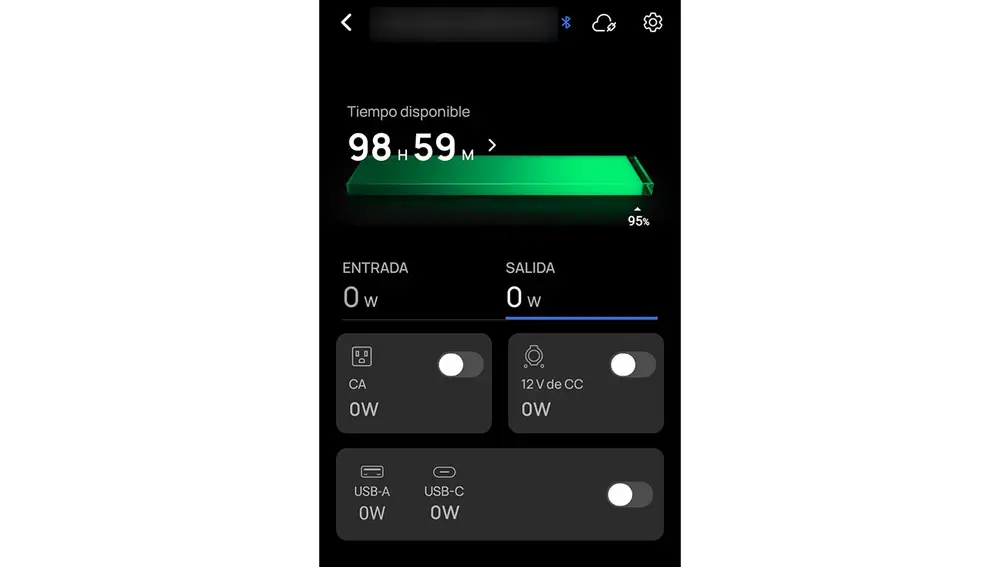 La app de Ecoflow con la batería al 98%