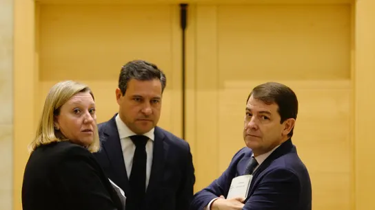 El presidente de la Junta de Castilla y León, Alfonso Fernández Mañueco, conversa con los viceportavoz del Grupo Parlamentario Popular, Raúl de la Hoz, y la consejera de Familia, Isabel Blanco. El presidente de la Junta de Castilla y León, Alfonso Fernández Mañueco, conversa con los viceportavoz del Grupo Parlamentario Popular, Raúl de la Hoz, y la consejera de Familia, Isabel Blanco.