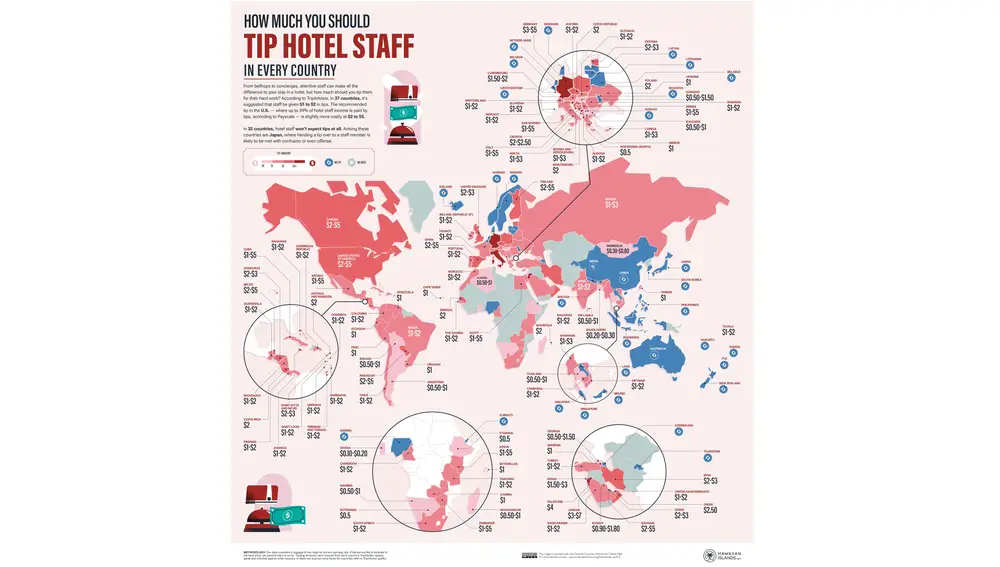 El mapa con la propina para hoteles de todo los países del mundo