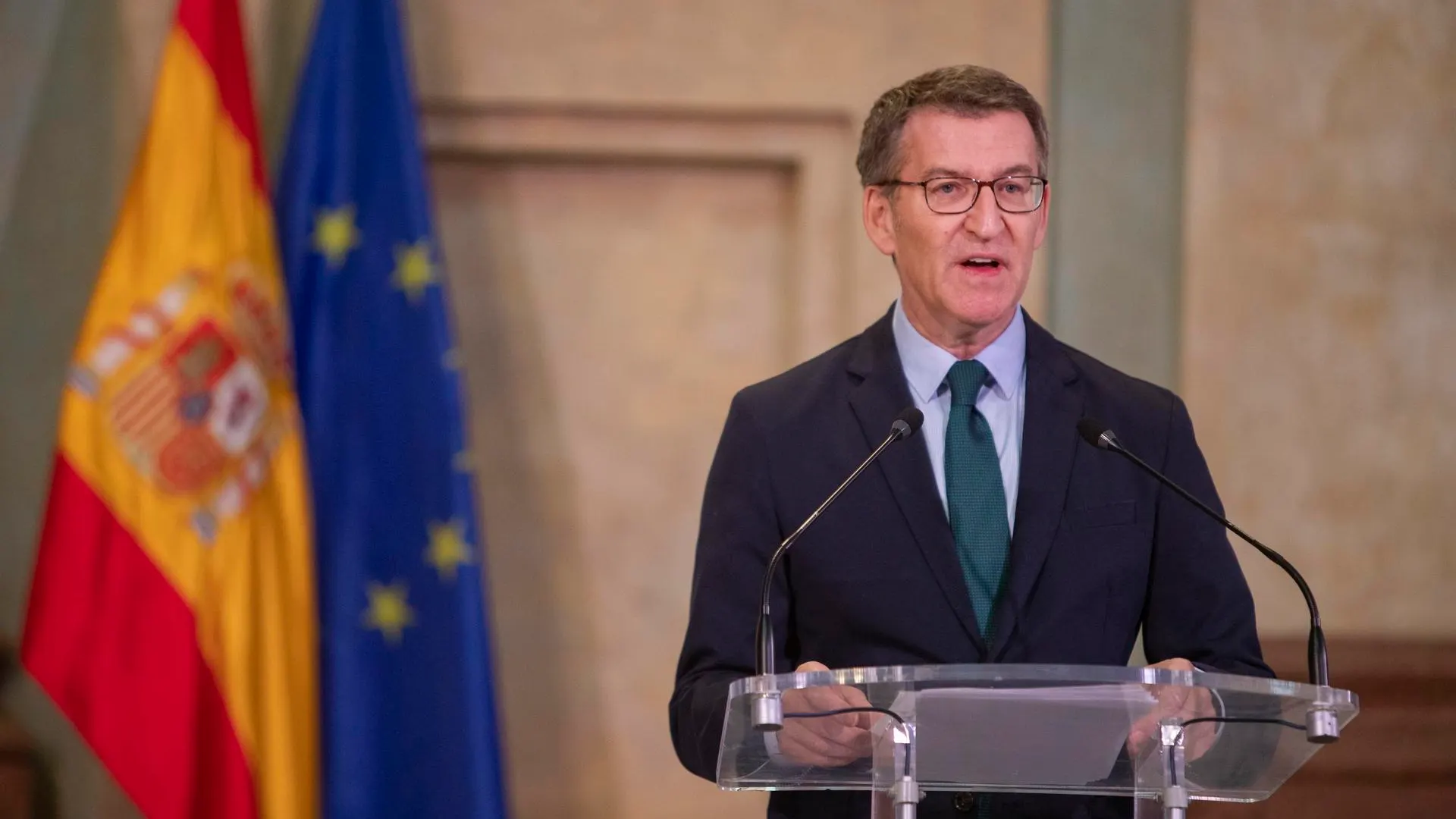 El presidente del Partido Popular, Alberto Núñez Feijóo, durante la presentación del Plan de Calidad Institucional