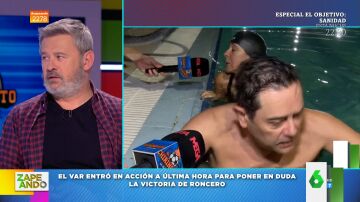 El cabreo de Roncero por ser descalificado tras proclamarse ganador en su carrera de natación contra Carme Barceló 