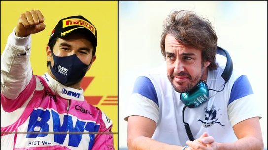 Sergio Pérez, en su victoria con Racing Point; a la derecha, Fernando Alonso con Aston Martin Sergio Pérez, en su victoria con Racing Point; a la derecha, Fernando Alonso con Aston Martin