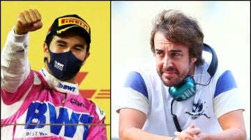 Sergio Pérez, en su victoria con Racing Point; a la derecha, Fernando Alonso con Aston Martin