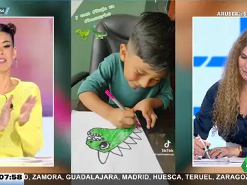 Angie Cárdenas dibuja en directo un dinosaurio siguiendo un tutorial de un niño... y este es el resultado