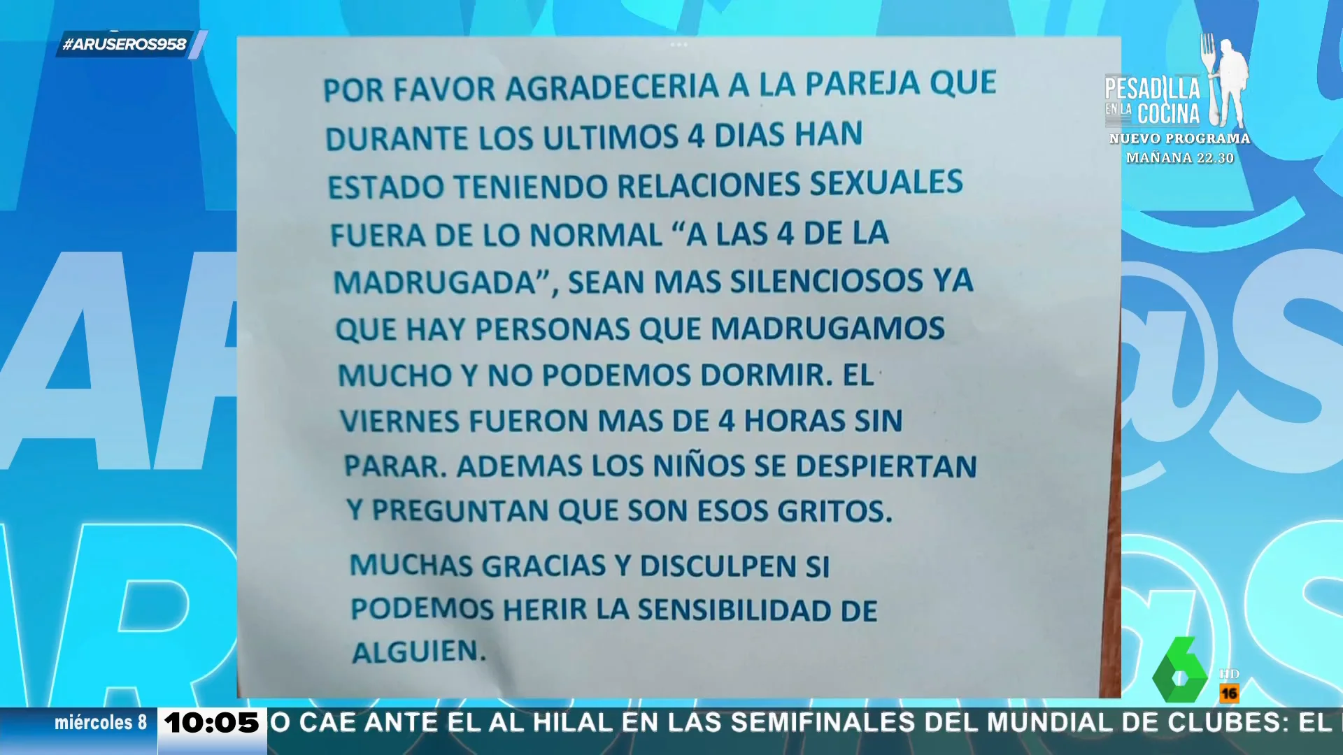 Cuelga un cartel quejándose de las intensas relaciones sexuales de sus vecinos tras su reconciliación