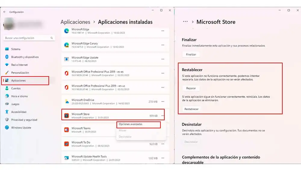 Restableciendo la Microsoft Store