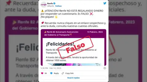 Alerta nuevo timo: Renfe desmiente el sorteo de los mil euros a cambio de realizar un cuestionario Alerta nuevo timo: Renfe desmiente el sorteo de los mil euros a cambio de realizar un cuestionario
