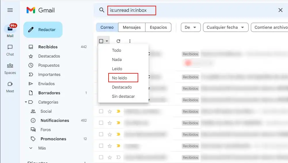 Seleccionando correos no leídos Seleccionando correos no leídos