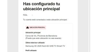 Example of a Netflix email that locates an account in Barcelona when the television is in Madrid.