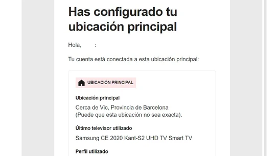 Ejemplo de un mail de Netflix que ubica una cuenta en Barcelona cuando la televisión está en Madrid. Ejemplo de un mail de Netflix que ubica una cuenta en Barcelona cuando la televisión está en Madrid.