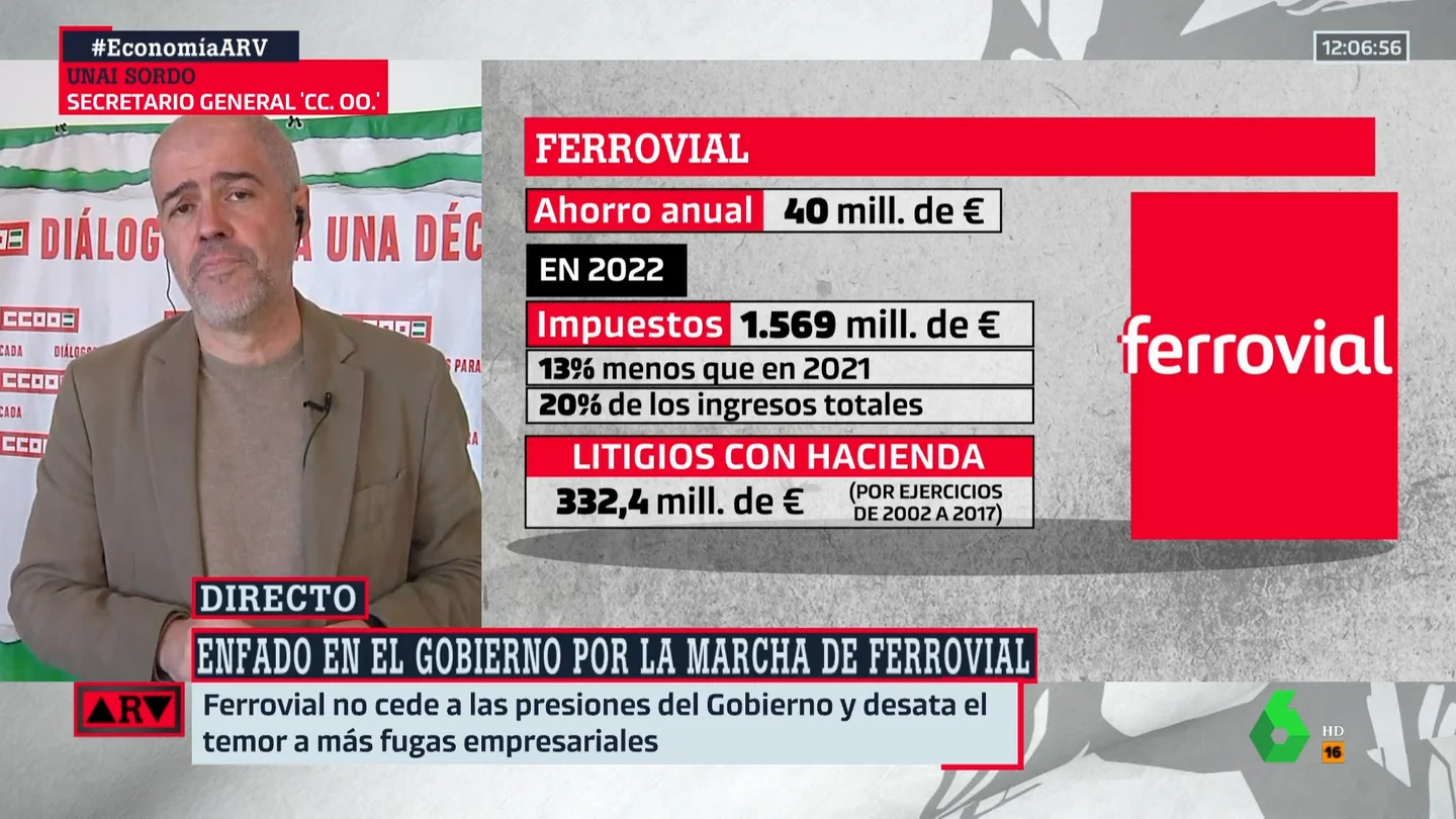 Unai Sordo apunta a "intereses sospechosos" detrás de la marcha de España de Ferrovial: "Está lanzando un mensaje político" Unai Sordo apunta a "intereses sospechosos" detrás de la marcha de España de Ferrovial: "Está lanzando un mensaje político"