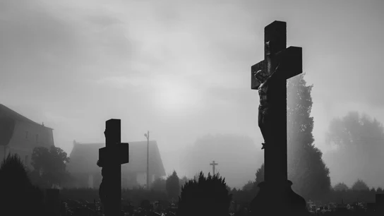 Imagen de un cementerio cubierto de niebla Imagen de un cementerio cubierto de niebla