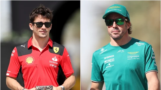 Leclerc y Alonso, en su llegada a Bahrein. Leclerc y Alonso, en su llegada a Bahrein.