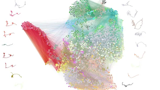 Un diagrama que representa la conectividad, donde las neuronas se representan como puntos y las neuronas con una conectividad más similar se trazan más juntas. Un diagrama que representa la conectividad, donde las neuronas se representan como puntos y las neuronas con una conectividad más similar se trazan más juntas.