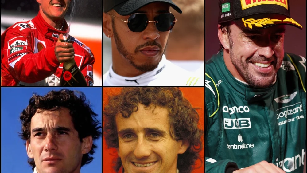 Michael Schumacher, Ayton Senna, Lewis Hamilton, Alain Prost y Fernando Alonso