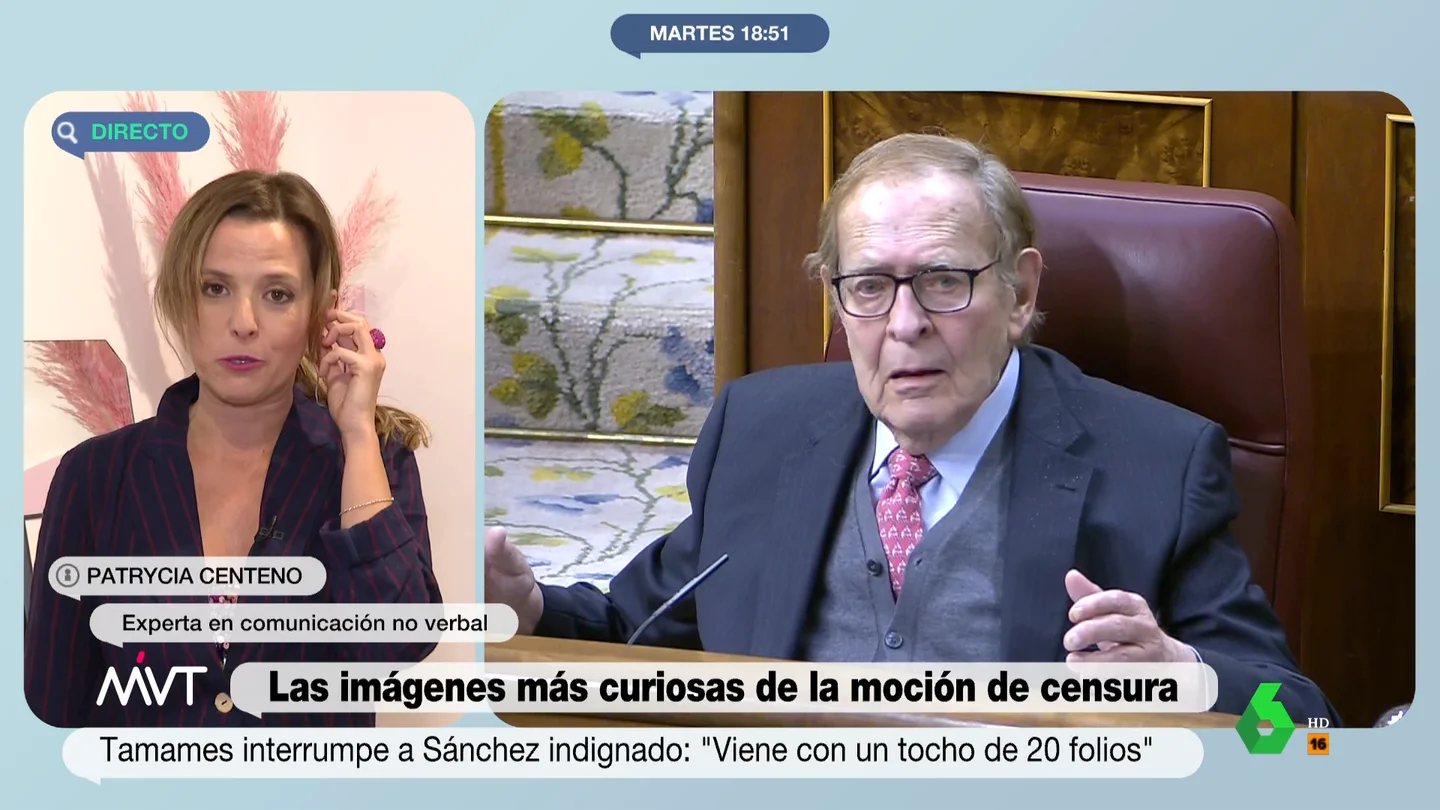 Del enfado con Sánchez al no aplauso a Abascal: una experta en comunicación no verbal analiza los gestos de Tamames Patrycia Centeno, experta en comunicación no verbal analiza en este vídeo los gestos de Tamames en la moción de censura, así como los de los diputados mirando el móvil o comiendo frutos secos, que define como "una falta de respeto y educación".