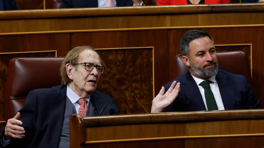 Ramón Tamames realiza aspavientos durante una intervención del debate de la moción de censura de Vox contra Pedro Sánchez Ramón Tamames realiza aspavientos durante una intervención del debate de la moción de censura de Vox contra Pedro Sánchez