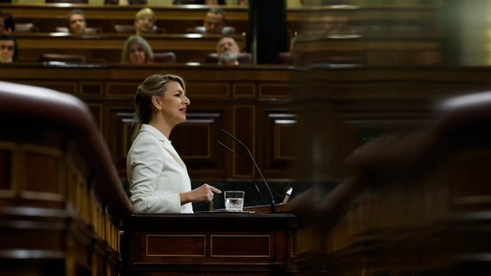 La vicepresidenta segunda y ministra de Trabajo y Economía Social, Yolanda Díaz durante su intervención en el debate de la moción de censura de Vox. La vicepresidenta segunda y ministra de Trabajo y Economía Social, Yolanda Díaz durante su intervención en el debate de la moción de censura de Vox.