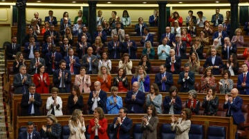 El presidente del Gobierno, Pedro Sánchez (i), es aplaudido por los miembros del Gobierno y la bancada socialista.