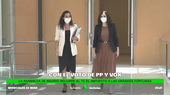 La Asamblea de Madrid presenta un recurso de inconstitucionalidad contra el impuesto de grandes fortunas gracias a PP y Vox En el recurso, aprobado con los votos del PP y Vox, se apunta que este impuesto "vulnera la autonomía financiera de la Comunidad de Madrid" al "dejar sin efecto la bonificación del impuesto sobre el patrimonio que recoge la normativa regional".